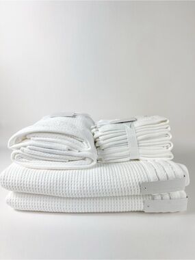 Hotel Balfour Bath Towel Set - White Waffle Textured Cotton - 9 Piece Set NEW